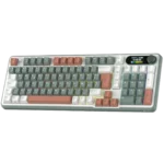 Teclado mecánico inalámbrico Royal Kludge S98-ES con pantalla digital encendida y pomo de control.